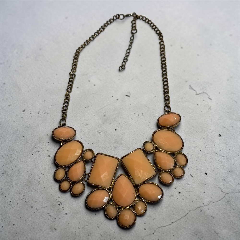 Statement Bib Necklace Peach Antigue Gold Tone Geometric Cluster